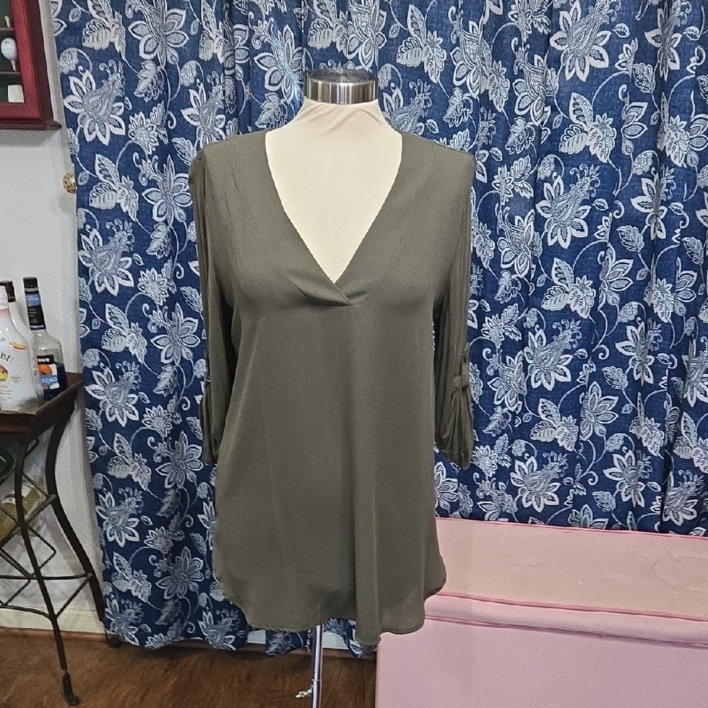 New York & Company Olive V-Neck Blouse